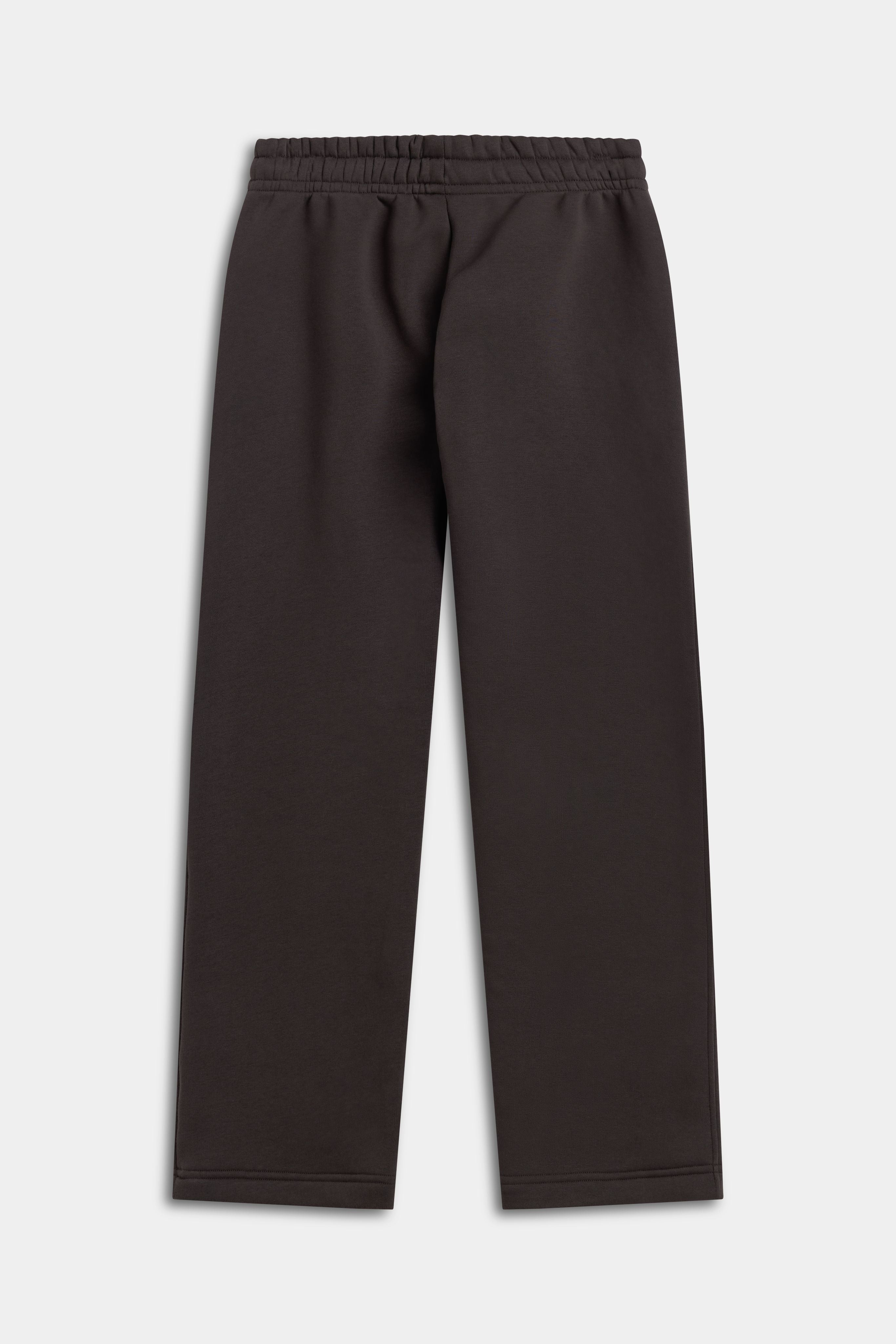 Back view of women's CASPARA straight-leg sweatpants in espresso brown against a plain background.